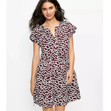 Ann Taylor Loft Brown White Button Up Short Sleeve V-Neck Tie Waist Dress XSP