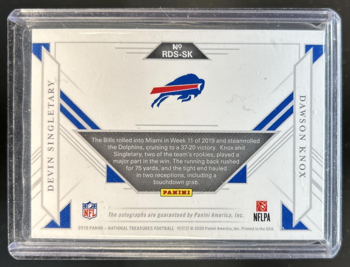 2019 National Treasures Dawson Knox Devin Singletary Rookie Dual Auto #1/1 view 2