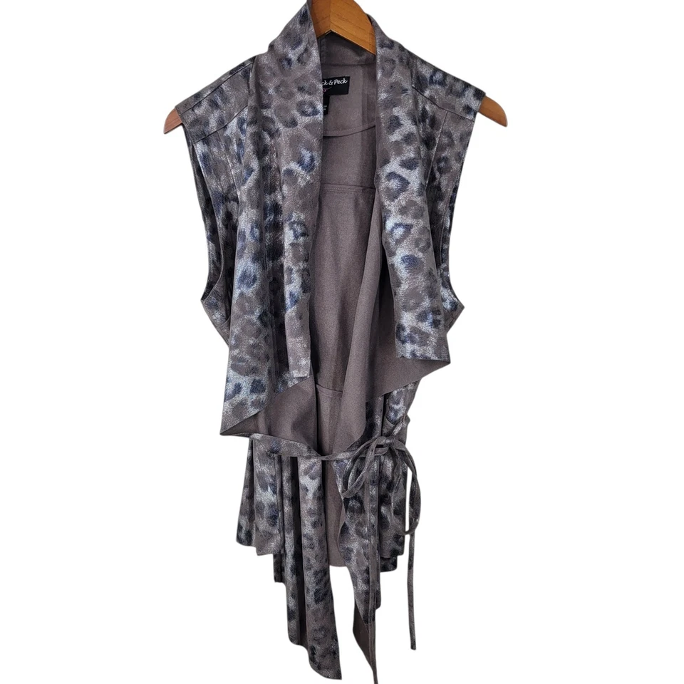 Chaleco Peck & Peck Talla Mediana Leopardo Estampado Guepardo Cortina Frente Abierto Corbata Cintura Foto 2 de 4