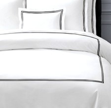 RH RESTORATION HARDWARE ITALIAN WHITE/BLK HOTEL SATIN STITCH DUVET COVER F/Q LN