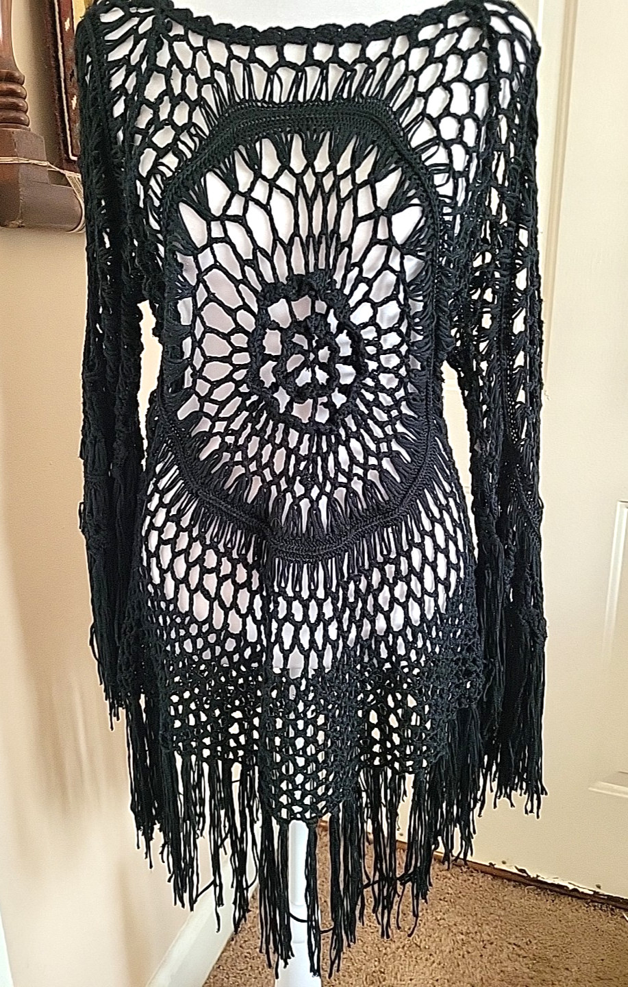 Vintage Black Crochet Tassel Beach Cover Up Top Women’s M Witchy Whimsygoth