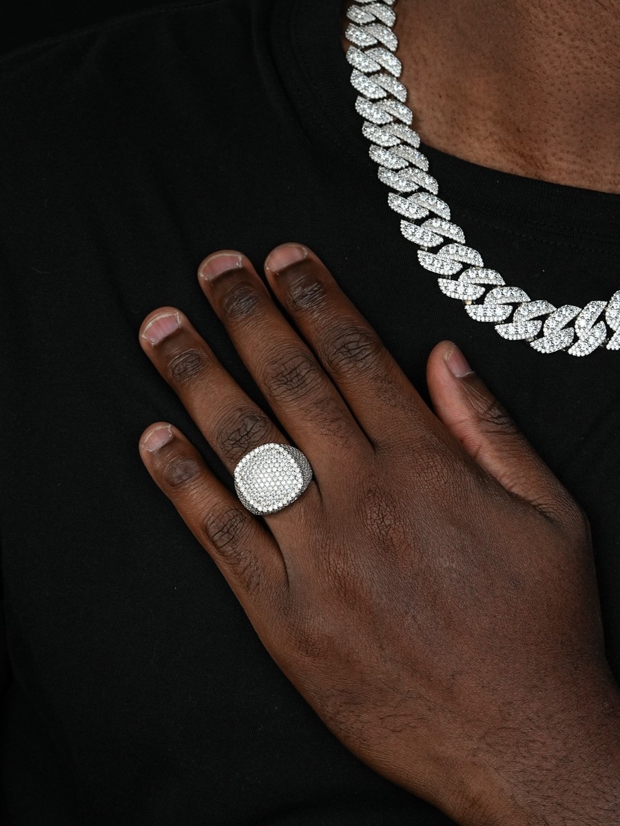 MOISSANITE Mens Large 3D Square Dome Iced Hip Hop Ring 14k Gold