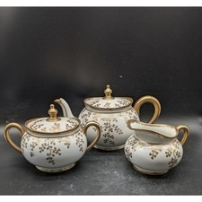 Antique Limoges Lycett France Gold Leaf Porcelain Teapot Sugar Creamer Set 3pc