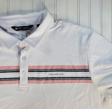 Travis Mathew Polo Shirt Mens XL White Pink Stripe Performance Stretch Golf