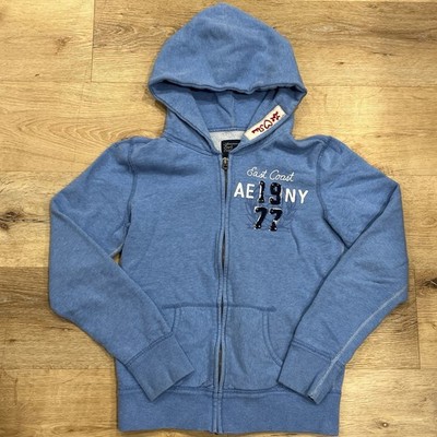 2000s American Eagle Y2K Zip Up Hoodie Sweatshirt Blue Size Small Let Love Shine