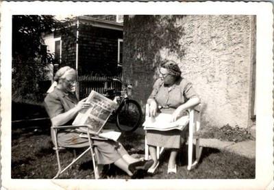 1940s Snapshot: Two Women Reading Newspaper in Backyard Silver Gelatin
