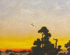 Sunset Pine Trees Crows Landscape Art Oil Painting Realism Impressionism Sky