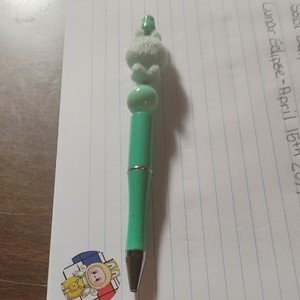 Green Decorative Beaded Ballpoint Pen White Pom-Pom Topper Black Ink Plastic