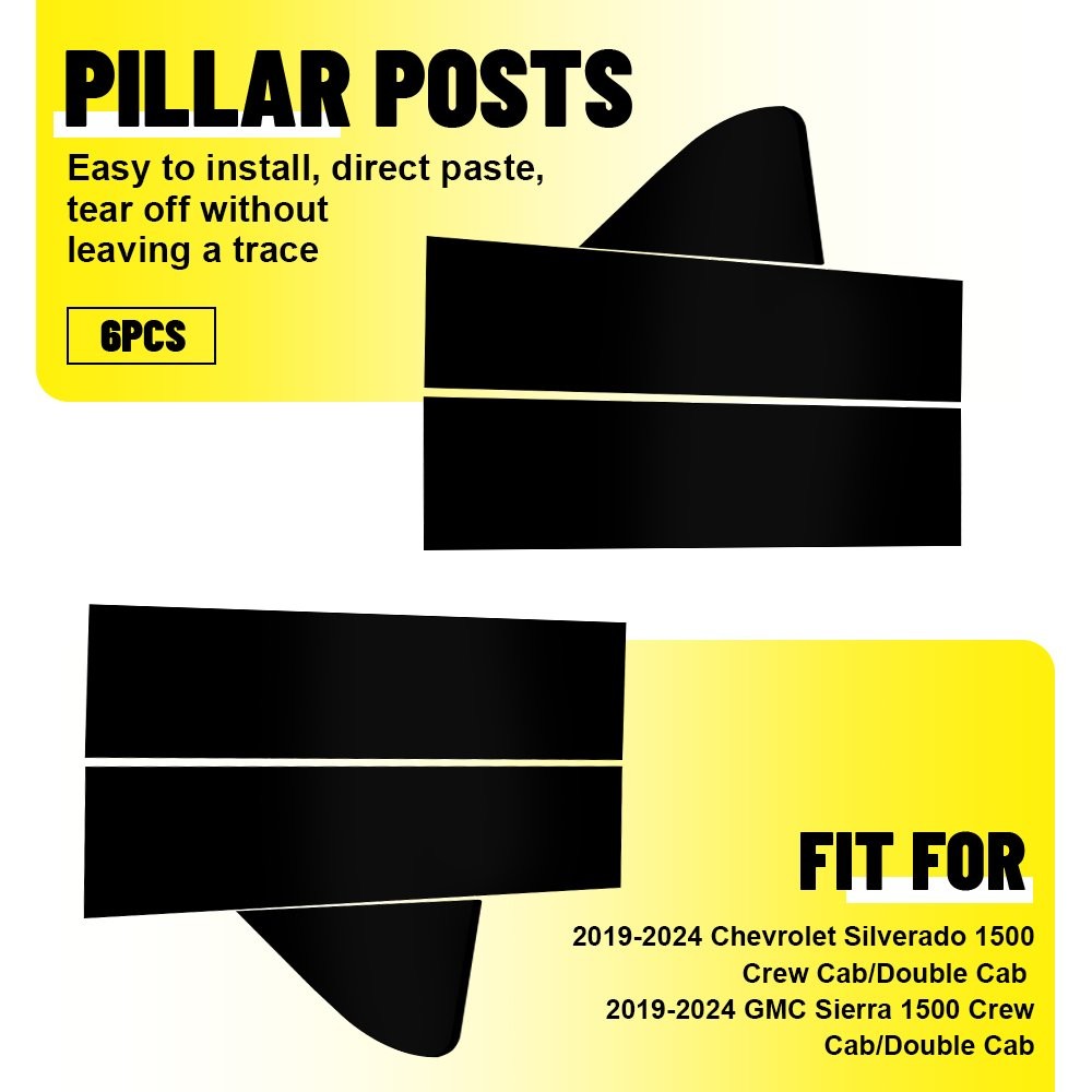 For 19-24 Chevy Silverado 1500 Black B Pillar Posts Door Window Trim Cover Kit B