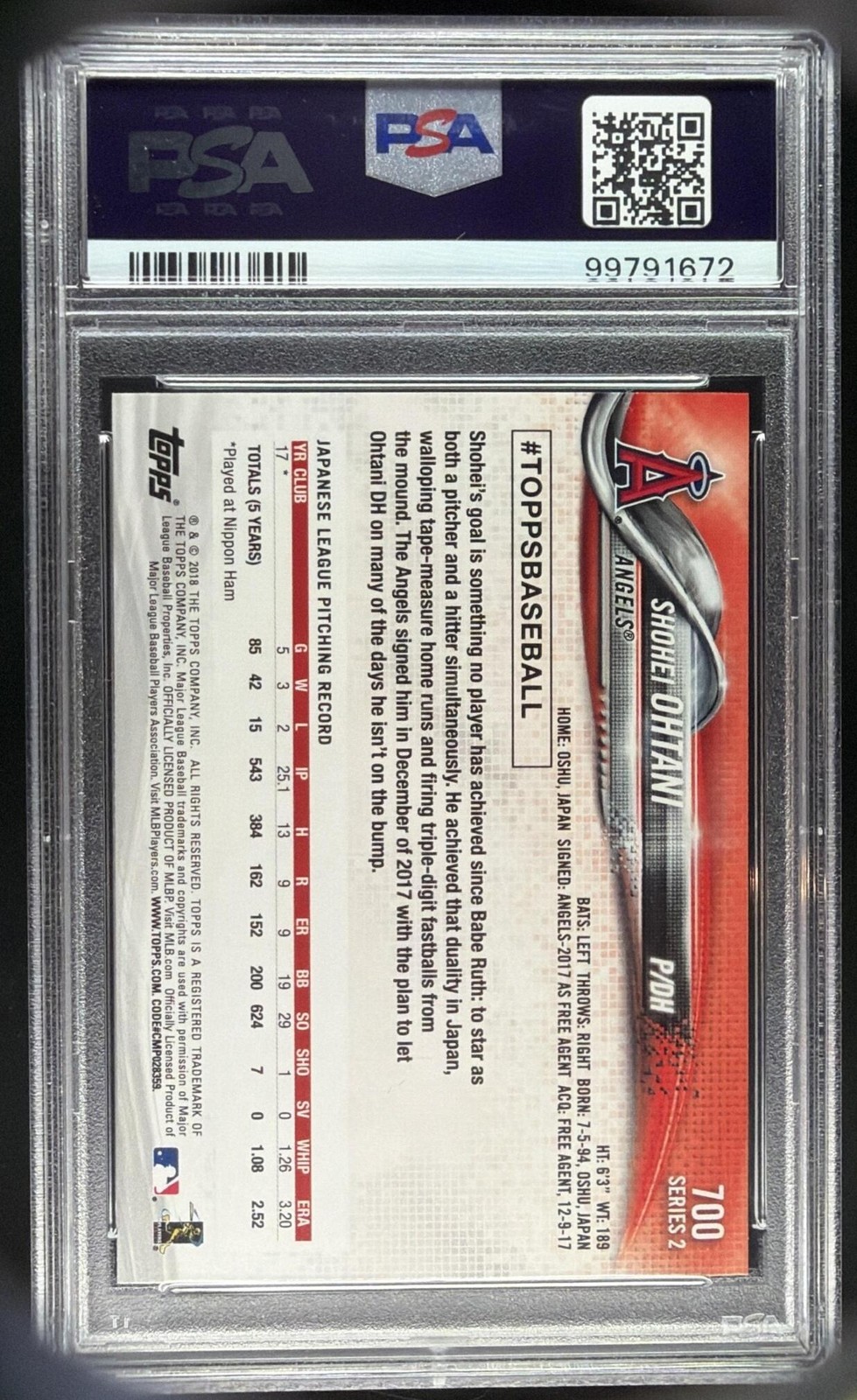 SHOHEI OHTANI PITCHING 2018 TOPPS ROOKIE RC PSA 10 GEM MINT - DODGERS ANGELS view 2
