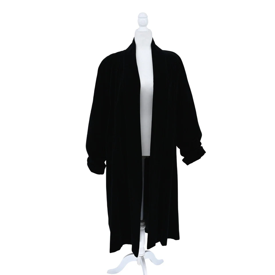 100% Cotton Black Velvet Long Duster Coat Witchy Goth Holiday Evening Jacket L - Image 4 of 4