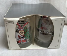 Vintage Libbey Glass Domino’s Pizza “ Avoid the Noid “ 4 New Christmas Glasses
