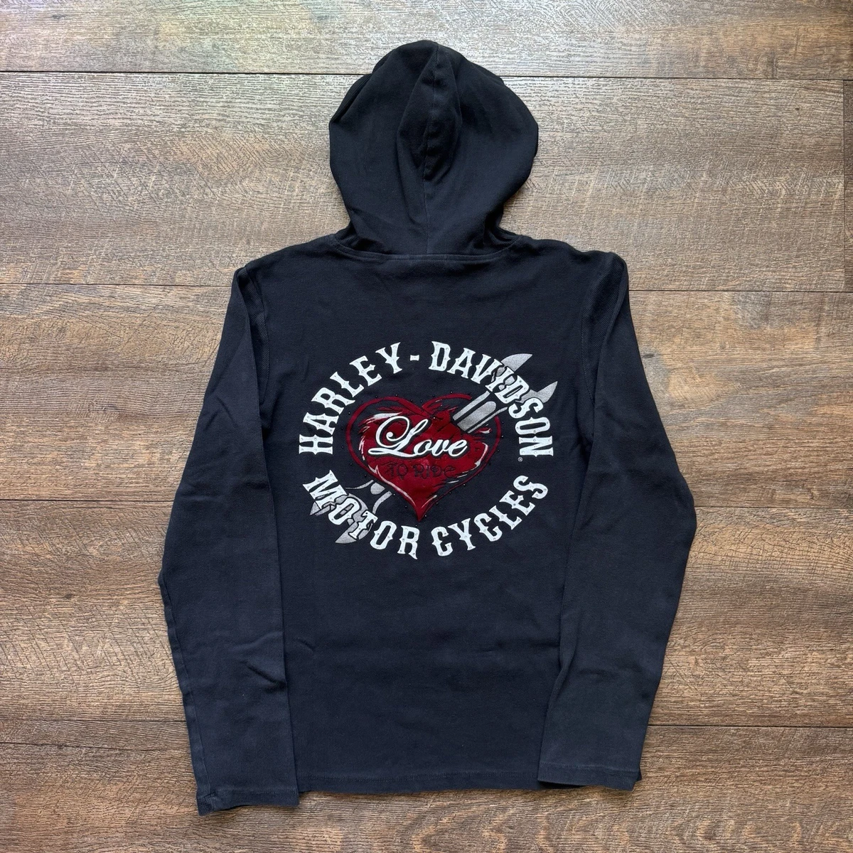 Petit Sweat à Capuche Vintage Harley Davidson – Femme – Noir (années 80, Coton, Fabriqué Aux USA)