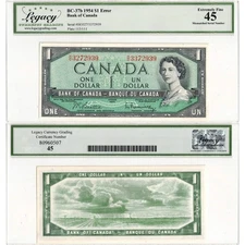 $1 1954 Bank of Canada Note Mismatched Serial Number Error BC-37b - Legacy EF-45