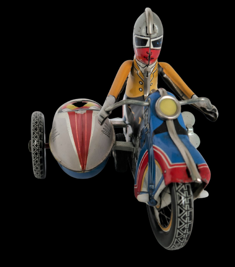 Vintage Motorcycle w/ Sidecar Wind Up Tin Toy China #605 MCM Great