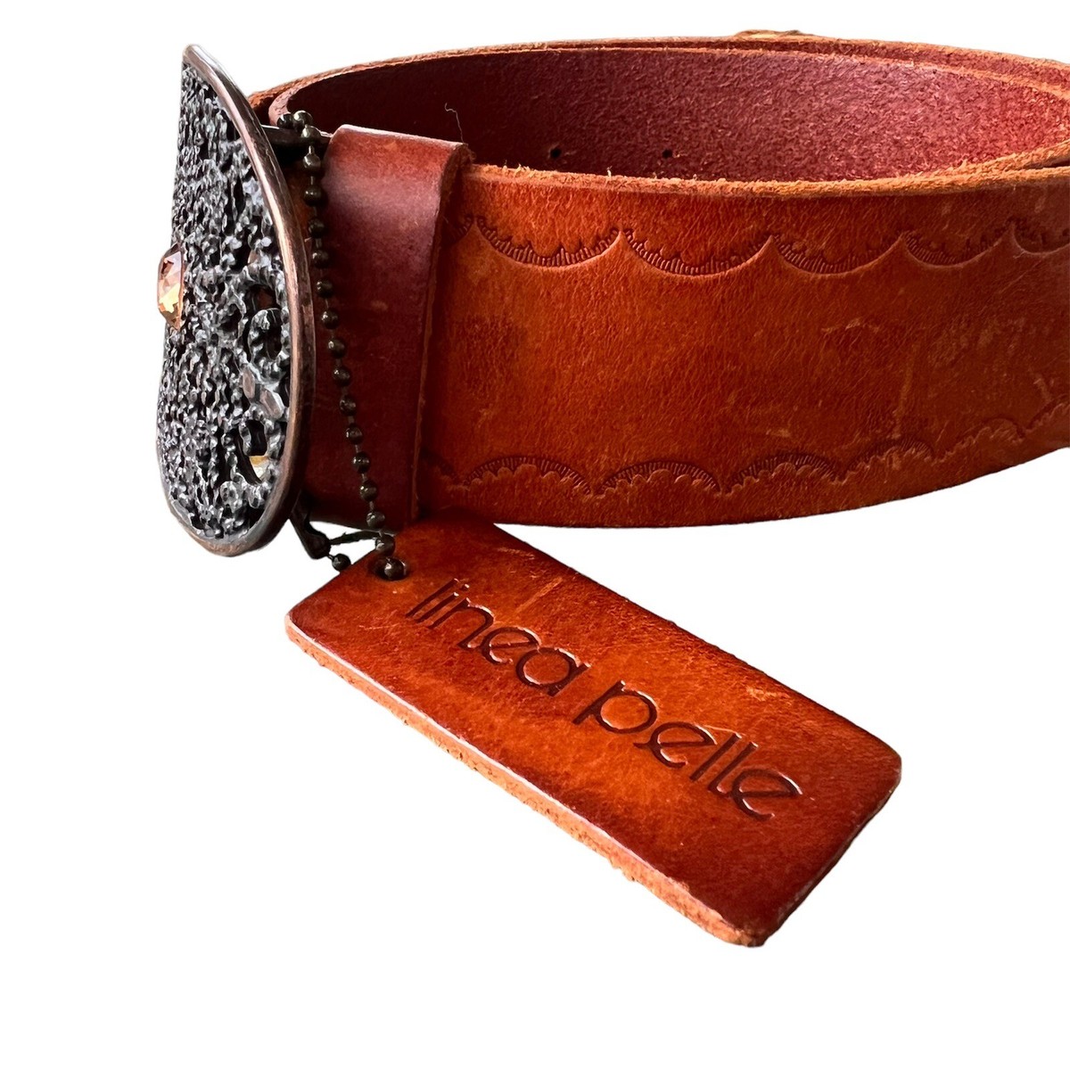 Linea Pelle Brown Leather Belt Oval Buckle with Amber Stone 