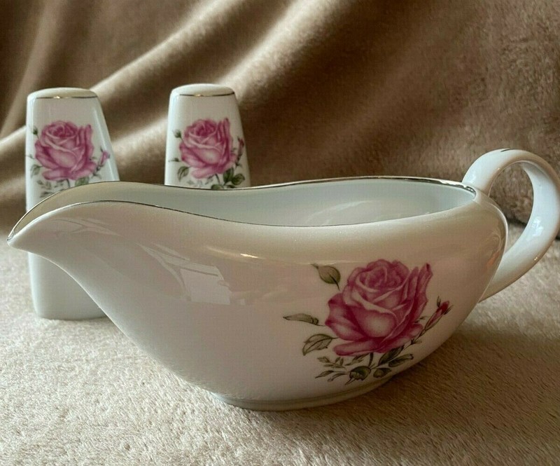 Porcelain Gravy Boat 9" x 3" and salt and pepper shaker set 4" x 2" rose theme