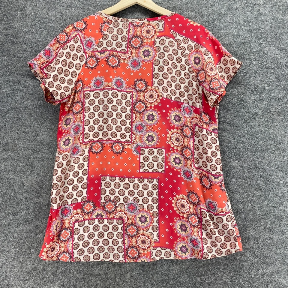 Spense Blouse Women M Medium Red Geometric V-Neck Tasseled Short Sleeve Casual - Image 2 of 4