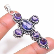 Purple Amethyst Gemstone Handmade 925 Sterling Silver Jewelry Pendant Size 2.7"