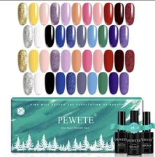 PEWETE Gel Nail Polish Kit 24 Pcs Starter Kit Glossy & Matte Base And Top ~ NIB