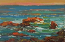 Hand painted Oil painting nice seascape green ocean waves with rocks 