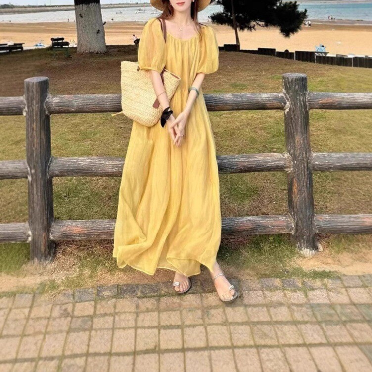 French Yellow Bubble Sleeve Backless Dress Womens Summer Long Dress Beach  Dress | eBay