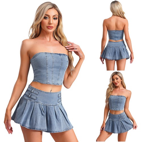 Women Skirt Party Dress Denim Short Outfit Set Jeans Sleeveless 2 Pieces Sexy - Bild 3 von 21