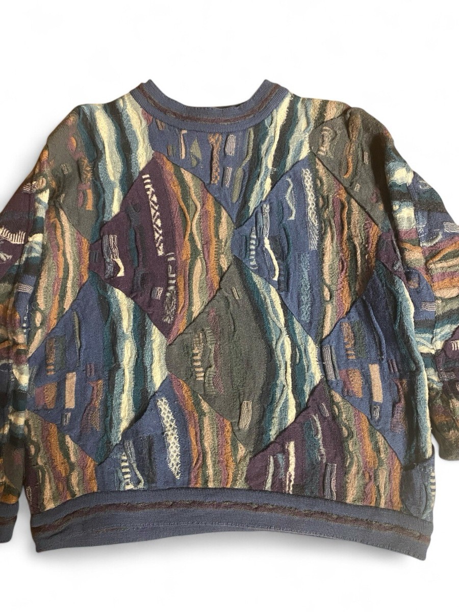 COOGI Wool 100 3D Knit Sweater Blue Multi Color Men SizeS Vintage 