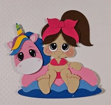 Unicorn Floatie Girl Dark Brown Hair. Scrapbook, Card Making Paper Piecing