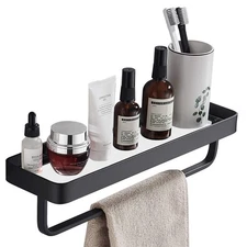 15.7 Inch Bathroom Tempered Glass Shelf with Towel Bar,Wall Mounted Aluminum ...