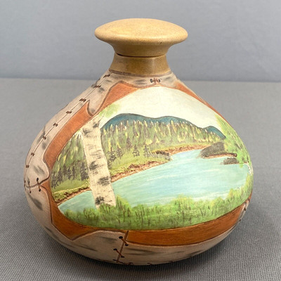 VTG Ceramic Landscape Genie Bottle Mountains Lake Trees Signed W/Cap OOAC Nature