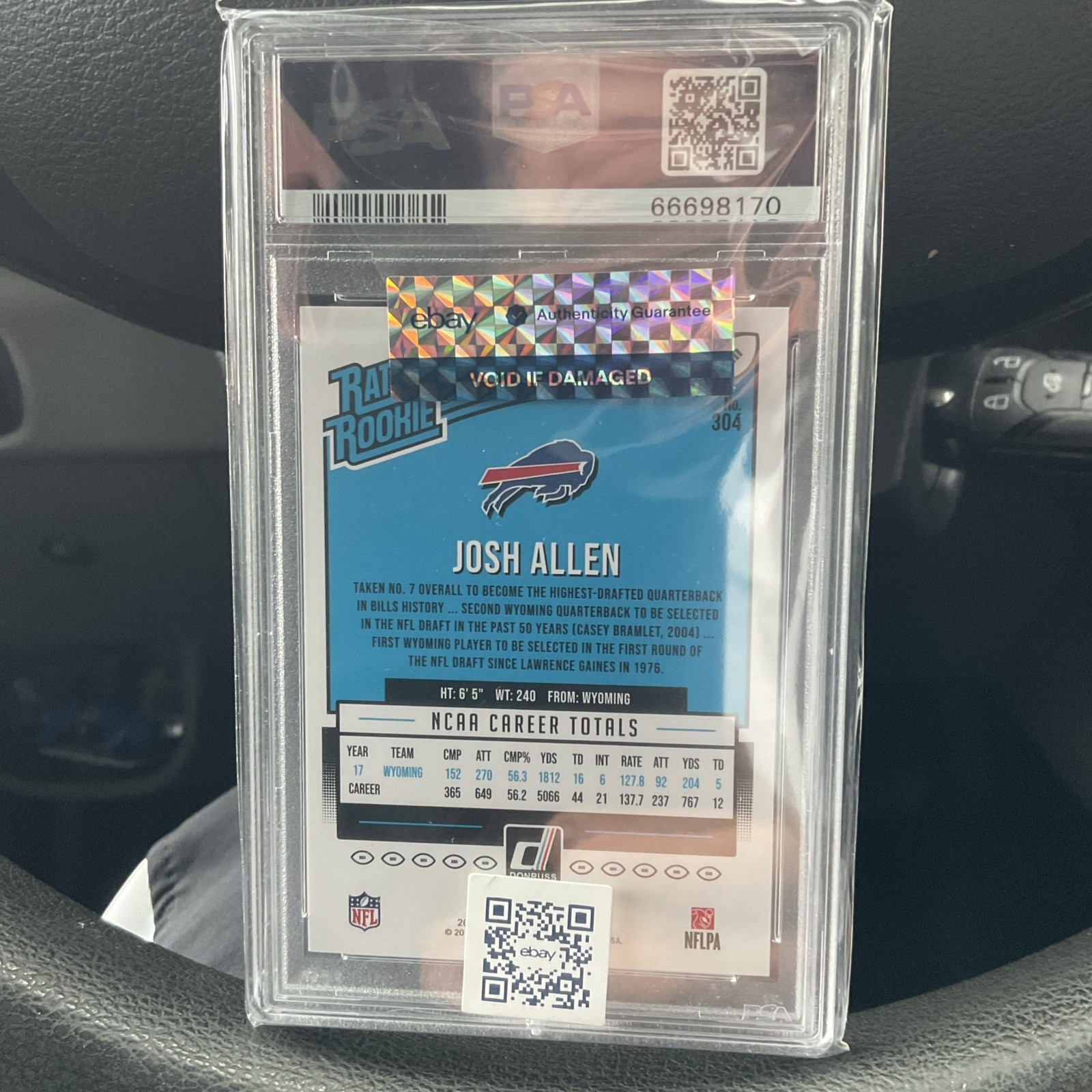 Josh Allen 2018 Panini Donruss Rated Rookie PSA 10 Rookie #304 Buffalo Bills RC view 2