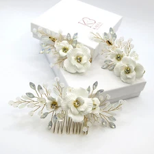 Beautiful White Flower Bridal 2 PC Hairclip Set w Milky Opal Sparkling Crystals