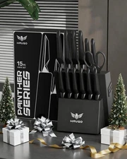 Knife Set, 15-Piece Kitchen Knife Set with Block Wooden German Stainless Steel