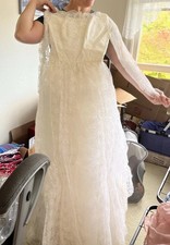 Vtg 60s Bridal Cream Lace Gown Dress High Neck