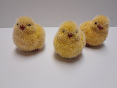 Vintage Set OF 3 FUZZY FLOCKED BABY YELLOW CHICKS Easter SPRING BIRDS