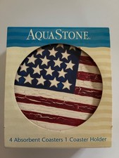 AquaStone American Flag Absorbent Stone Coasters Set of 4 Cork Backing NIB