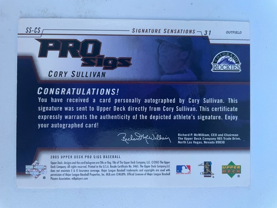 2005 Upper Deck Pro Sigs - Signature Sensations Cory Sullivan #SS-CS (AU) - Image 2 of 2