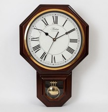 Aeclim England Octagonal Wooden Wall Clock with Pendulum, Dark Wood & Gold Trim