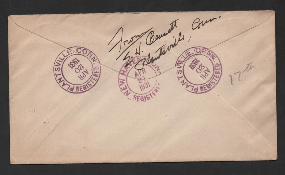 US 1931 FANCY 4 HORSE RIDER CANCELS ON REGISTERED COVER PLANTSVILLE, CONN. - Image 2 of 2