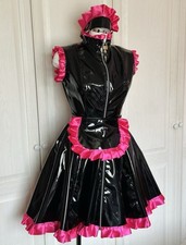 Misfitz black PVC & hot pink satin padlock sissy maids dress. SIZE 20. CD Goth