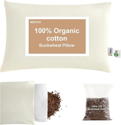 Organic Buckwheat Pillow for Sleeping with Dual-Layer Pillowcase and Extra Ta...