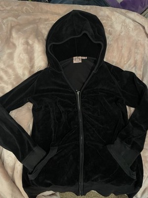 Juicy Couture Black Velour Full Zip Hoodie Women's Size L Long Sleeve Pockets
