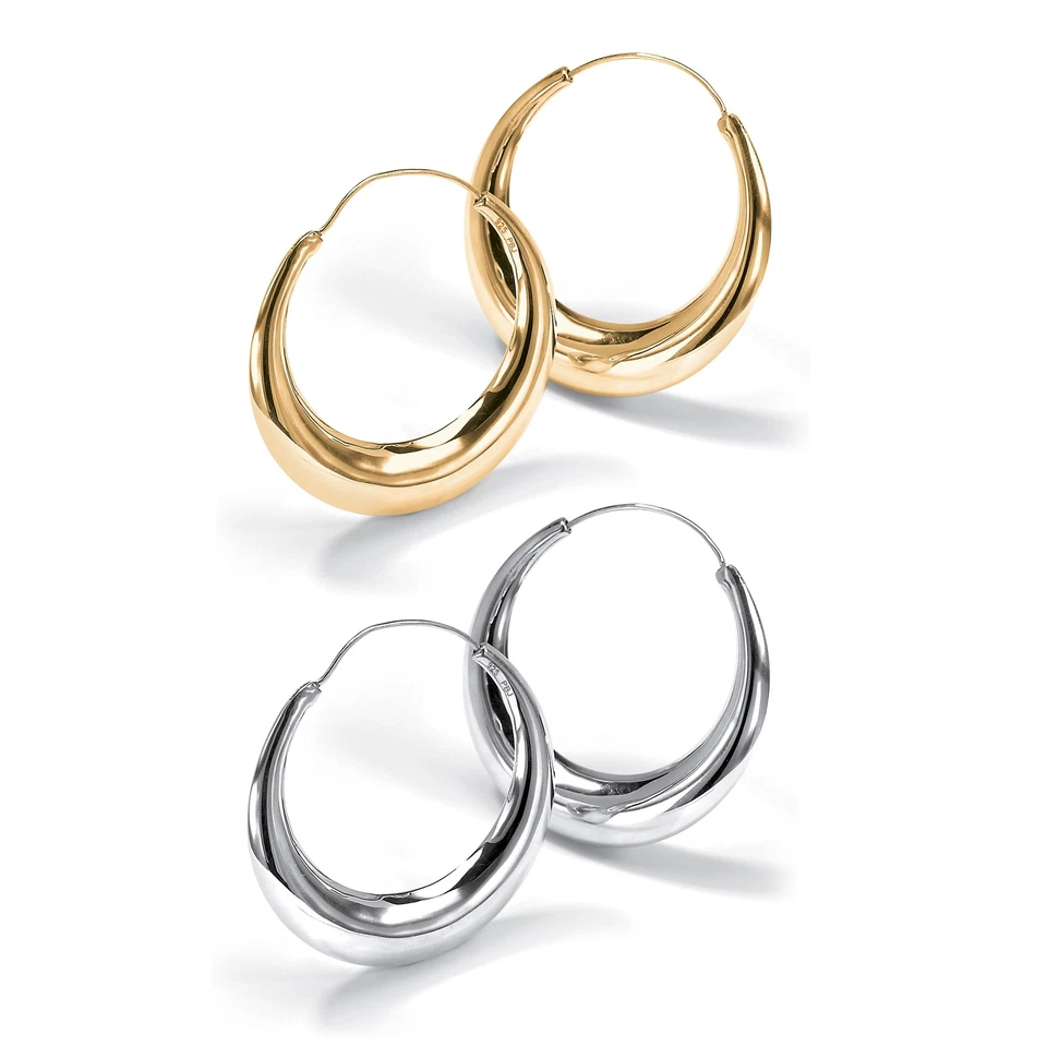 Gold-Plated and Sterling Silver Polished Puffed Hoop Earring Set 1 7/8 Inch - Image 2 of 4