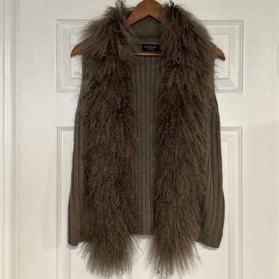 Iris Setlakwe Brown Knit Vest Mongolian Fur Collar Medium Ribbed Luxury Boho