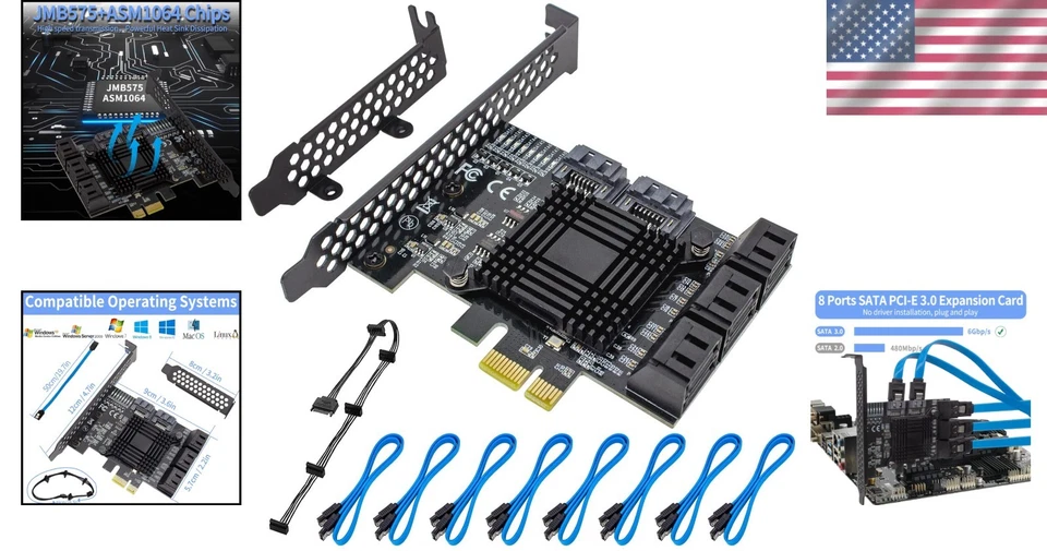 Advanced PCIe SATA Card with 8 Ports - 6 Gbps, Heatsink, and Wide Compatibility - Image 2 of 4