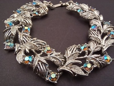 Vintage 1950s Silver Tone Leaf Bracelet Aurora Borealis Rhinestones Mid Century