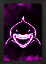 Neon Hai in lila Rauch gerahmtes Wandbild Poster Leinwanddruck Bild