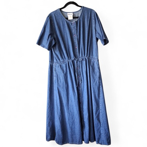 National Womens XL Midi Dress Denim Floral Granny Mumu Button Front Drawstrings