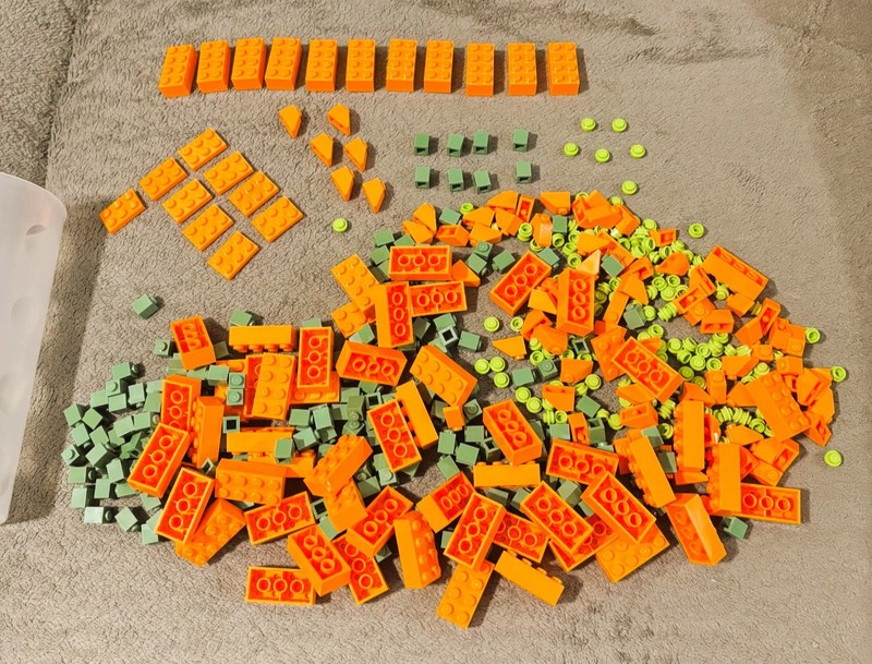 Lego Bricks Lot in Lego Cup: 4x2 Orange, 3x2 Thin Orange, Lime 1x1 Round Studs,